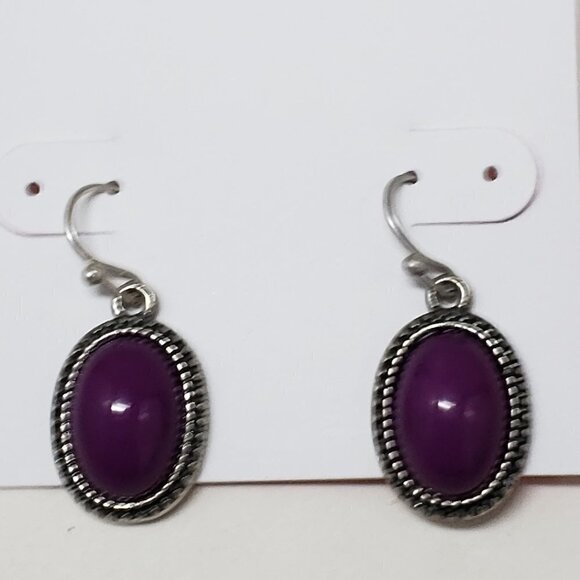 Women's Silver tone Dainty Design Purple Stone Oval Fishhook Teardrop Earrings - Picture 6 of 7